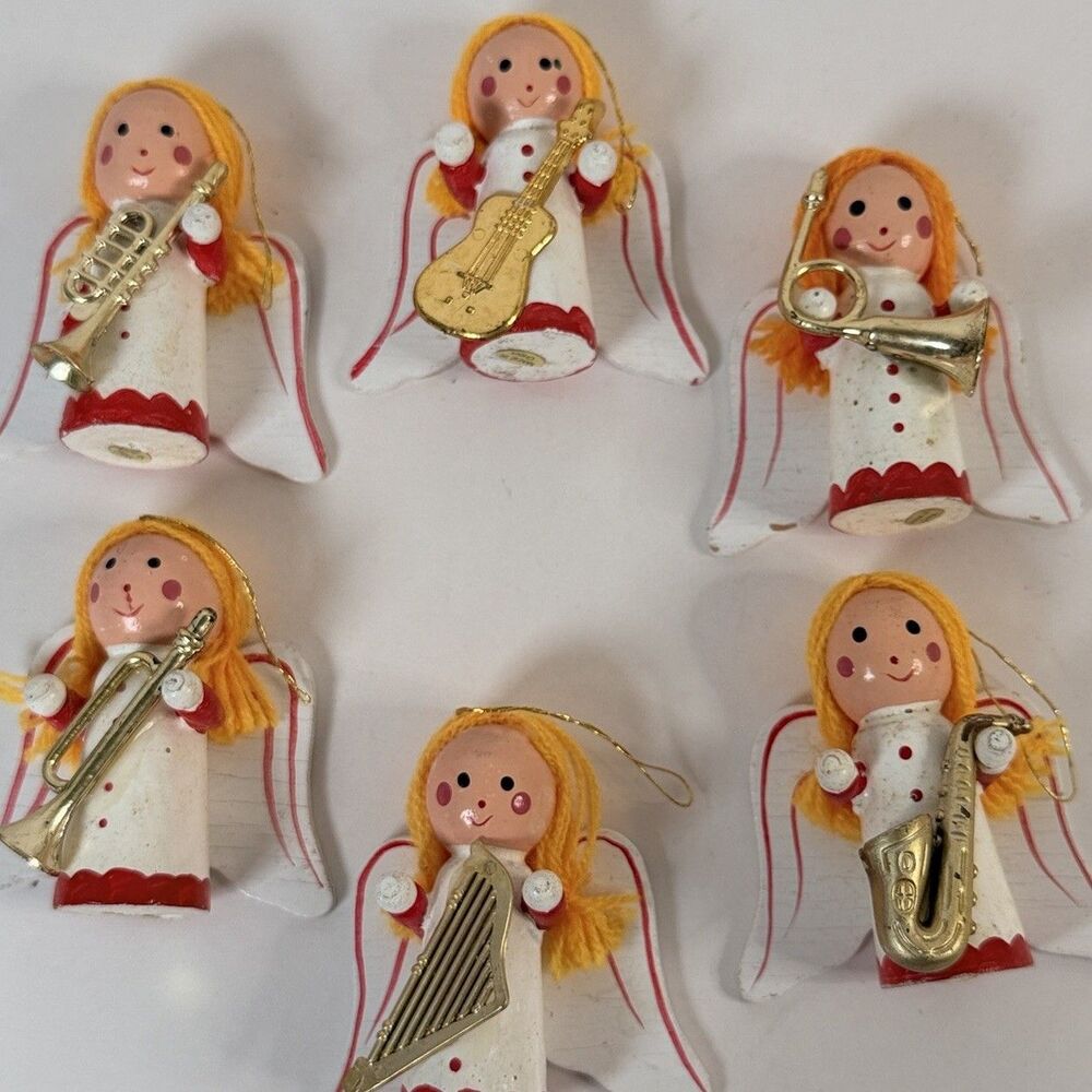 Hand Painted Wooden Christmas Angels Set Of 6, Musical Instruments